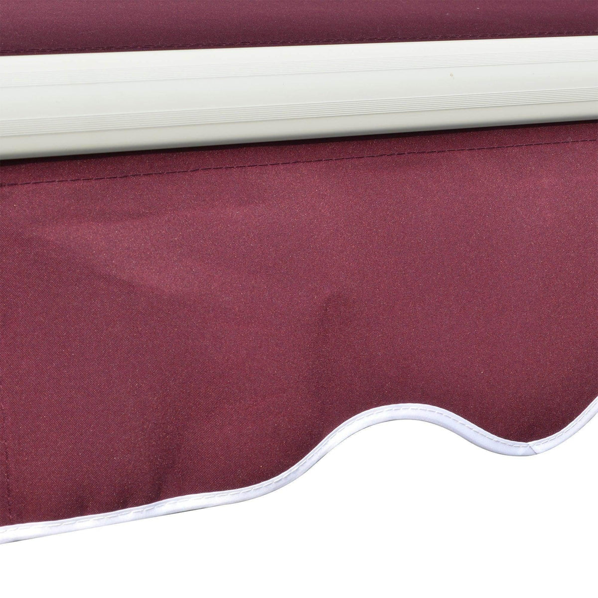 Burgundy fabric with white trim and wavy edge, close-up detail