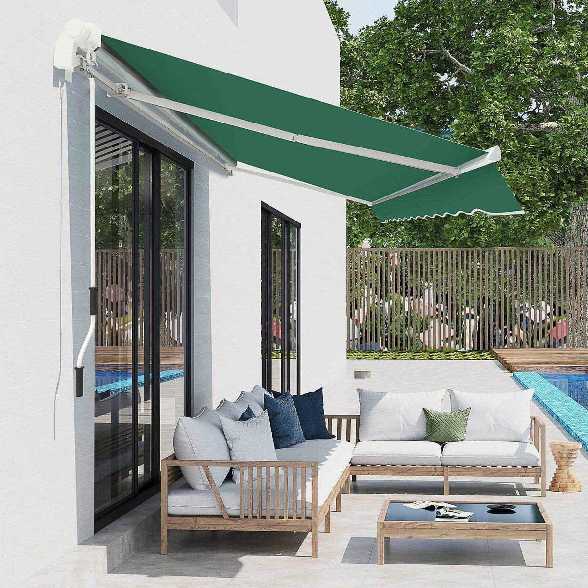 Green retractable patio awning shading outdoor sofa set by poolside, perfect for garden and home use.