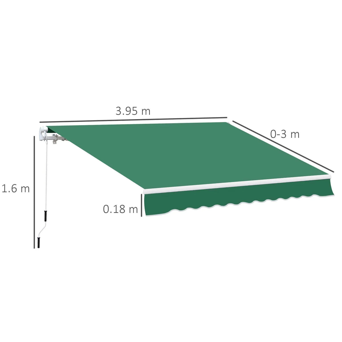 Green retractable patio awning with dimensions, ideal for garden shade and outdoor spaces.