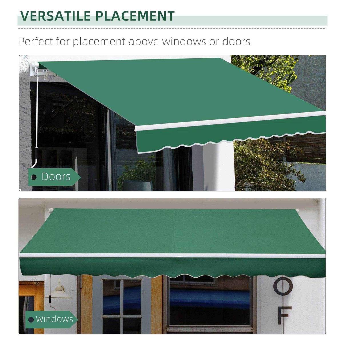 Green retractable awning for doors and windows, providing shade and versatile outdoor coverage