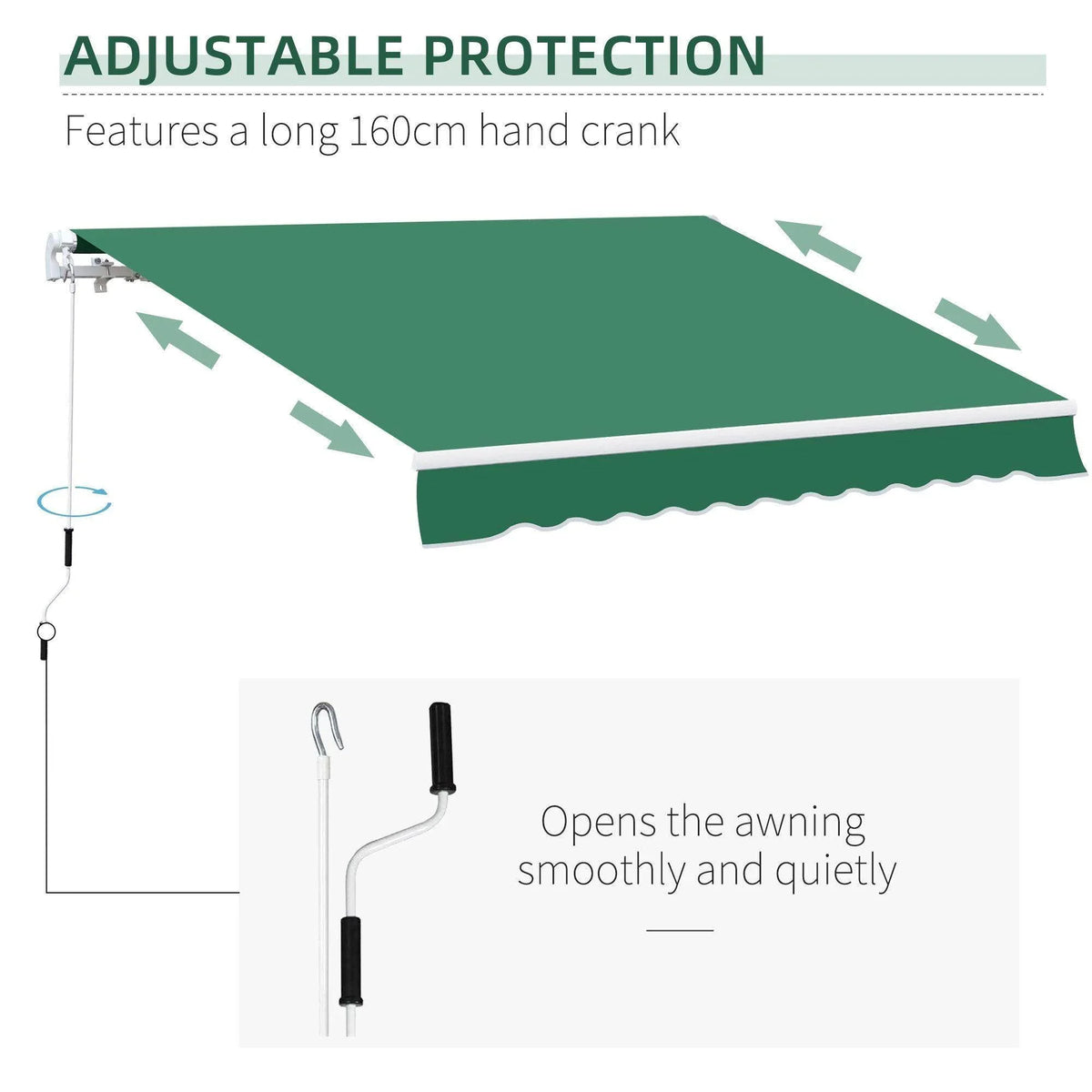 Green outdoor awning with 160cm hand crank for adjustable sun protection, opens smoothly and quietly