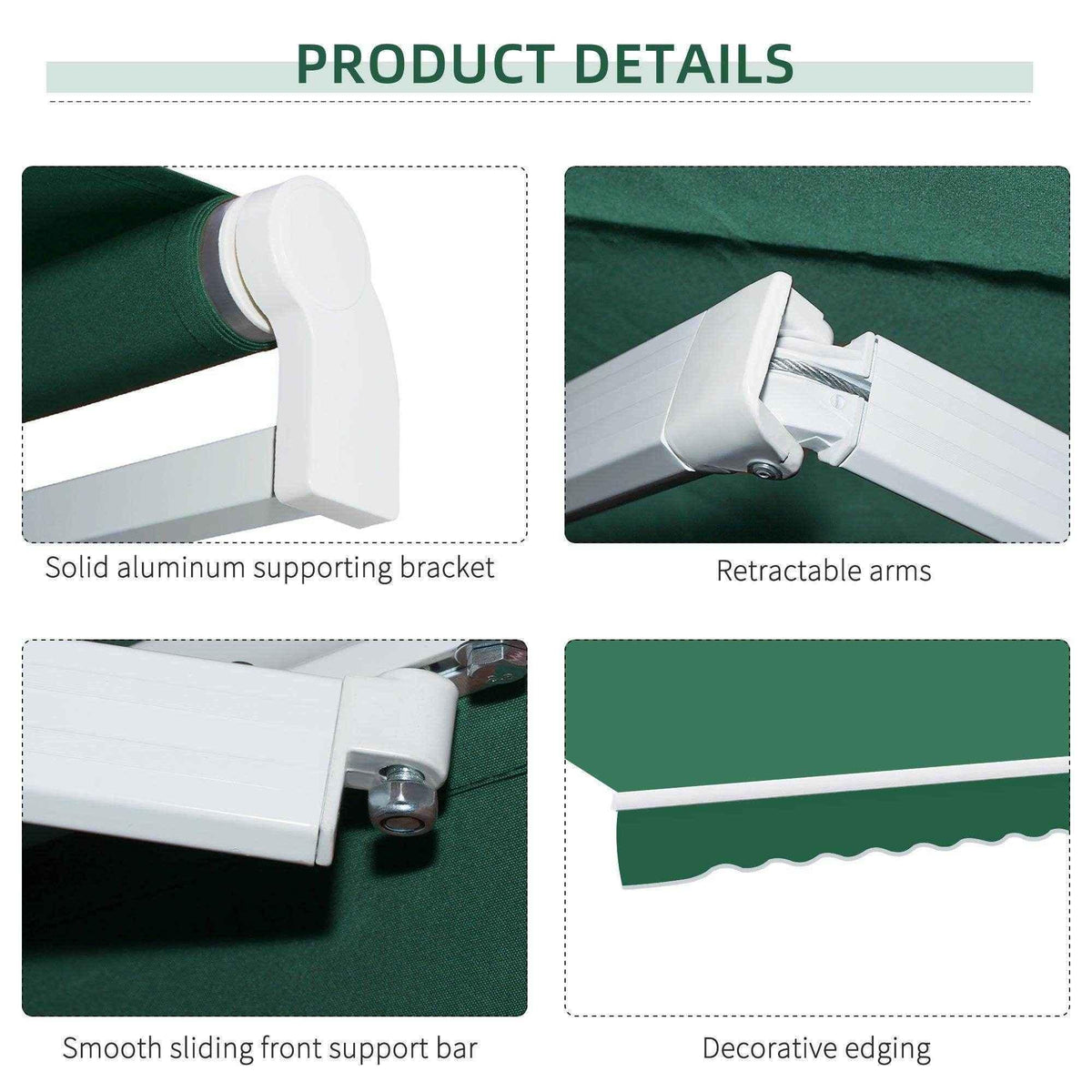 Green retractable awning with solid aluminum brackets, smooth sliding bar, and decorative edging for home or garden use.