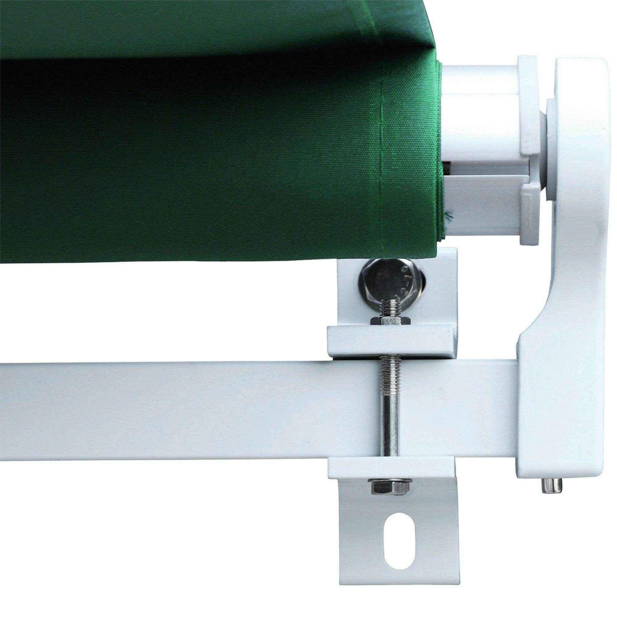 Green outdoor awning fabric attached to white metal frame with bolts, ideal for garden shade solutions.