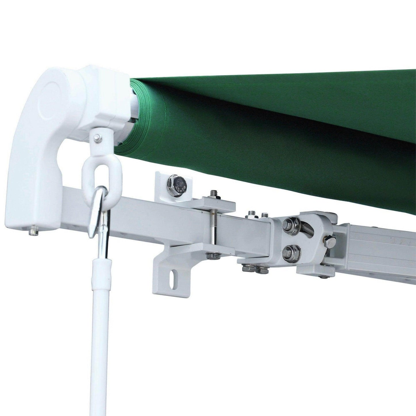 Green manual retractable awning with white metal frame, outdoor home garden product