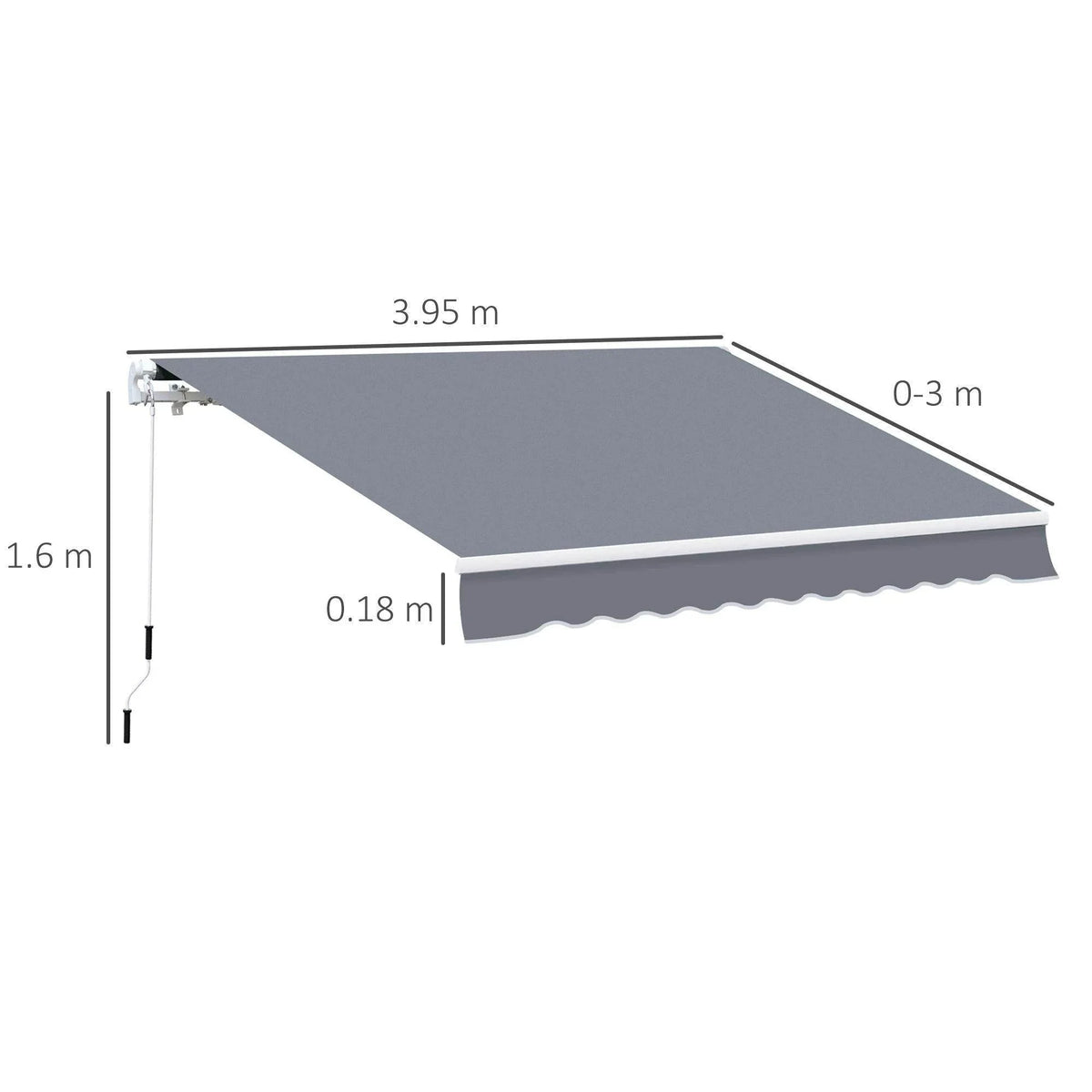 Gray retractable patio awning with dimensions for outdoor shade