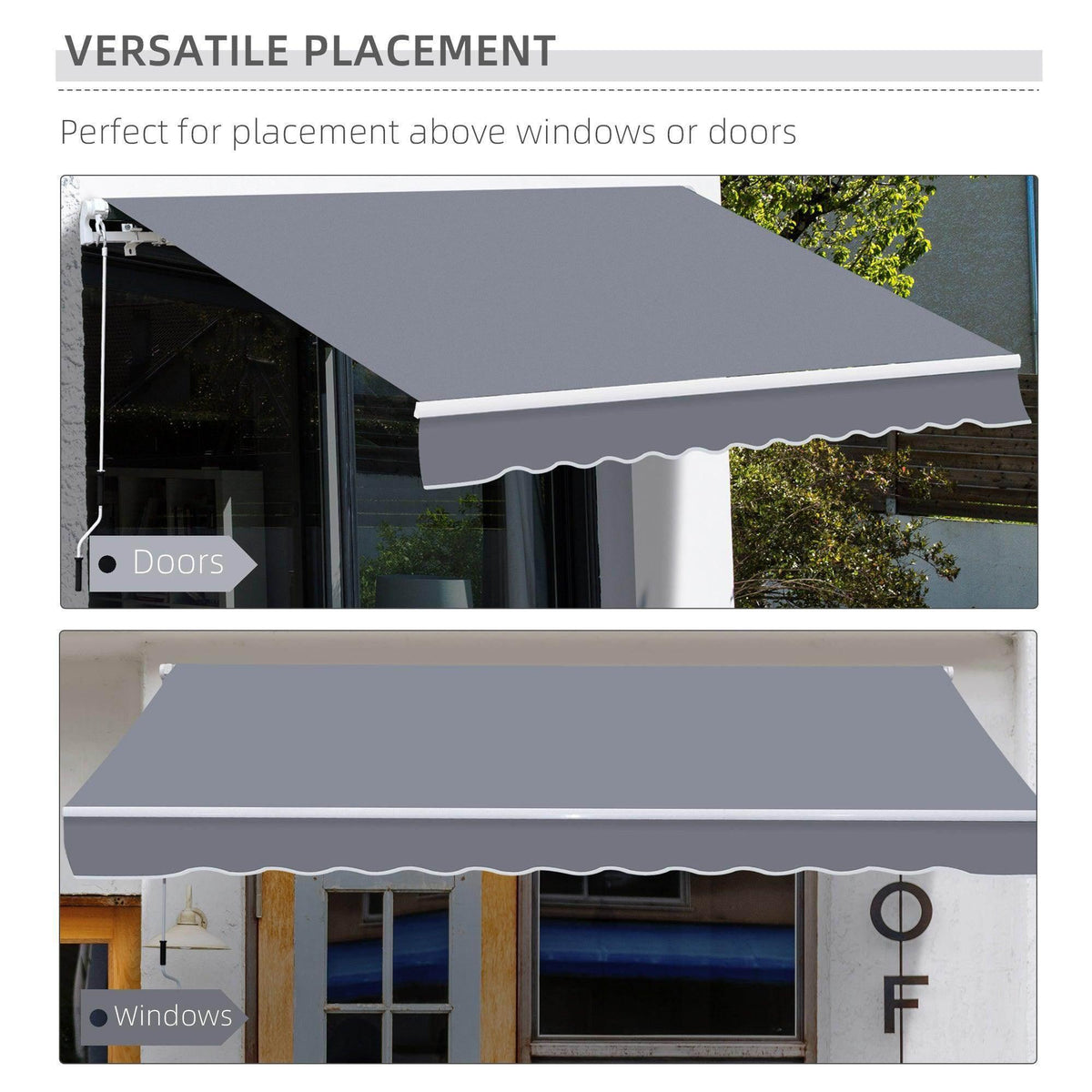 Gray retractable awning for doors and windows, providing shade and versatile outdoor coverage.