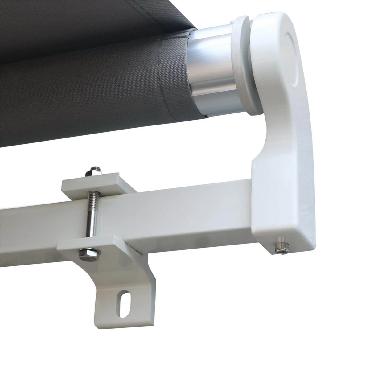 Close-up of a sturdy white metal bracket supporting a gray fabric canopy, ideal for garden or patio use.