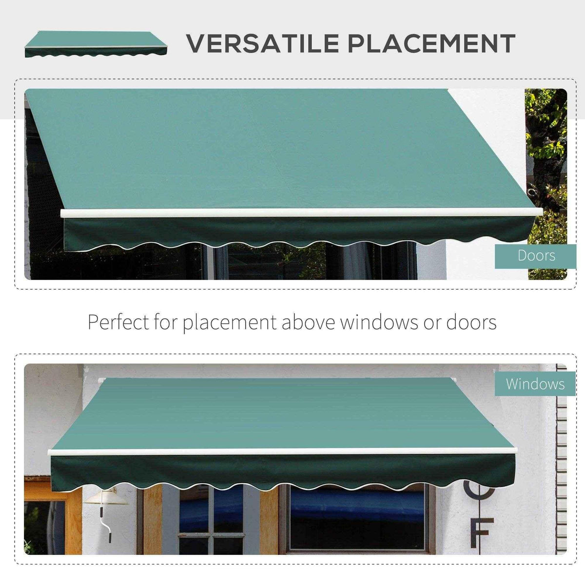 Teal retractable awning for doors and windows, providing shade and versatile outdoor coverage