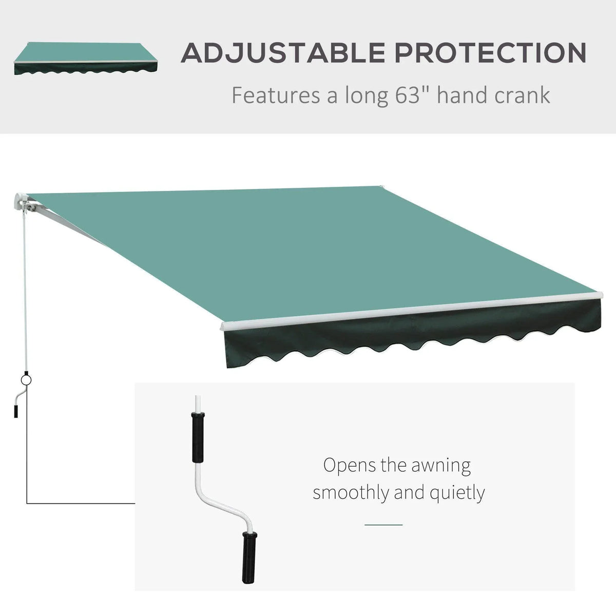 Teal outdoor awning with 63-inch hand crank for adjustable shade and smooth operation