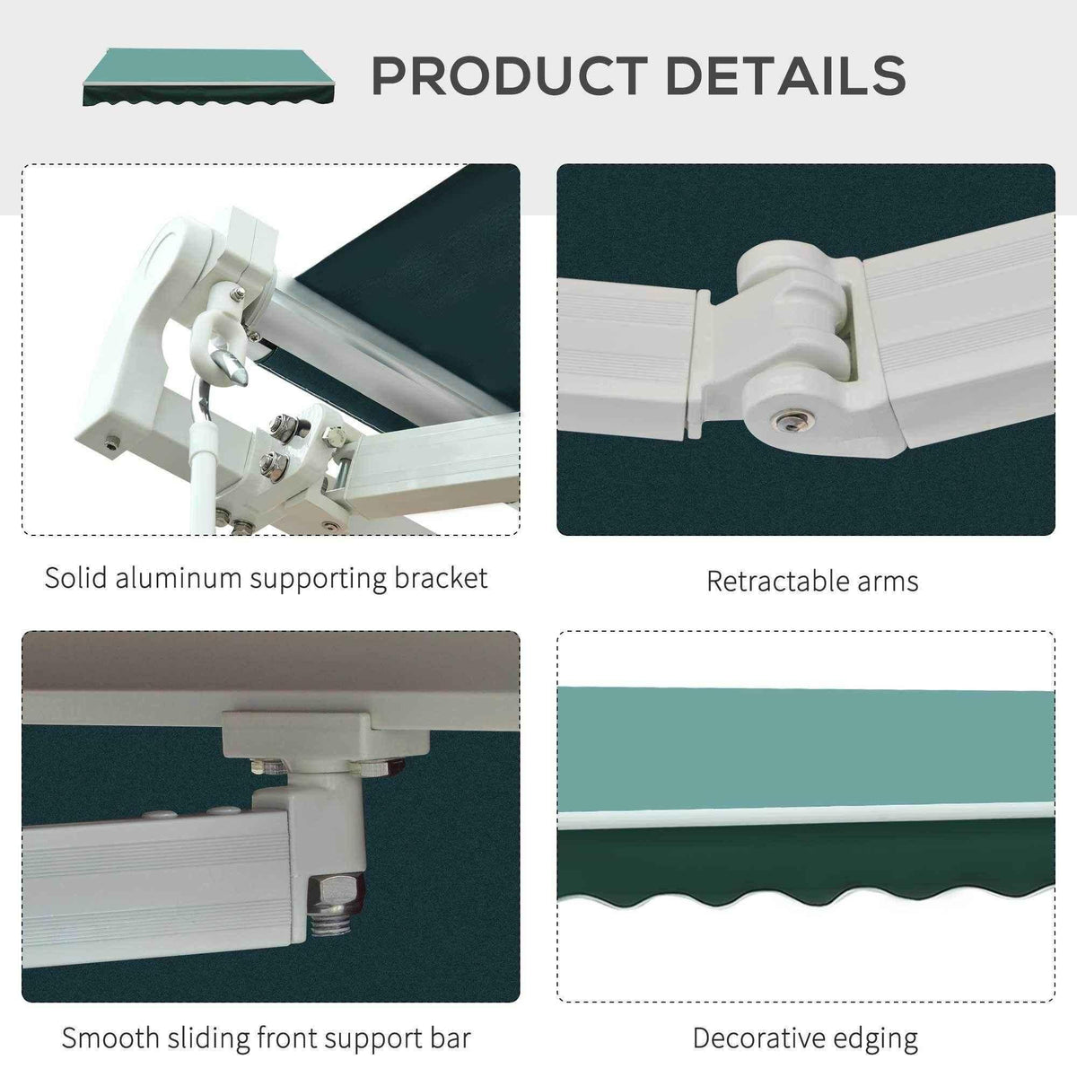 Retractable patio awning with solid aluminum brackets, smooth sliding bar, and decorative edging for outdoor shade.