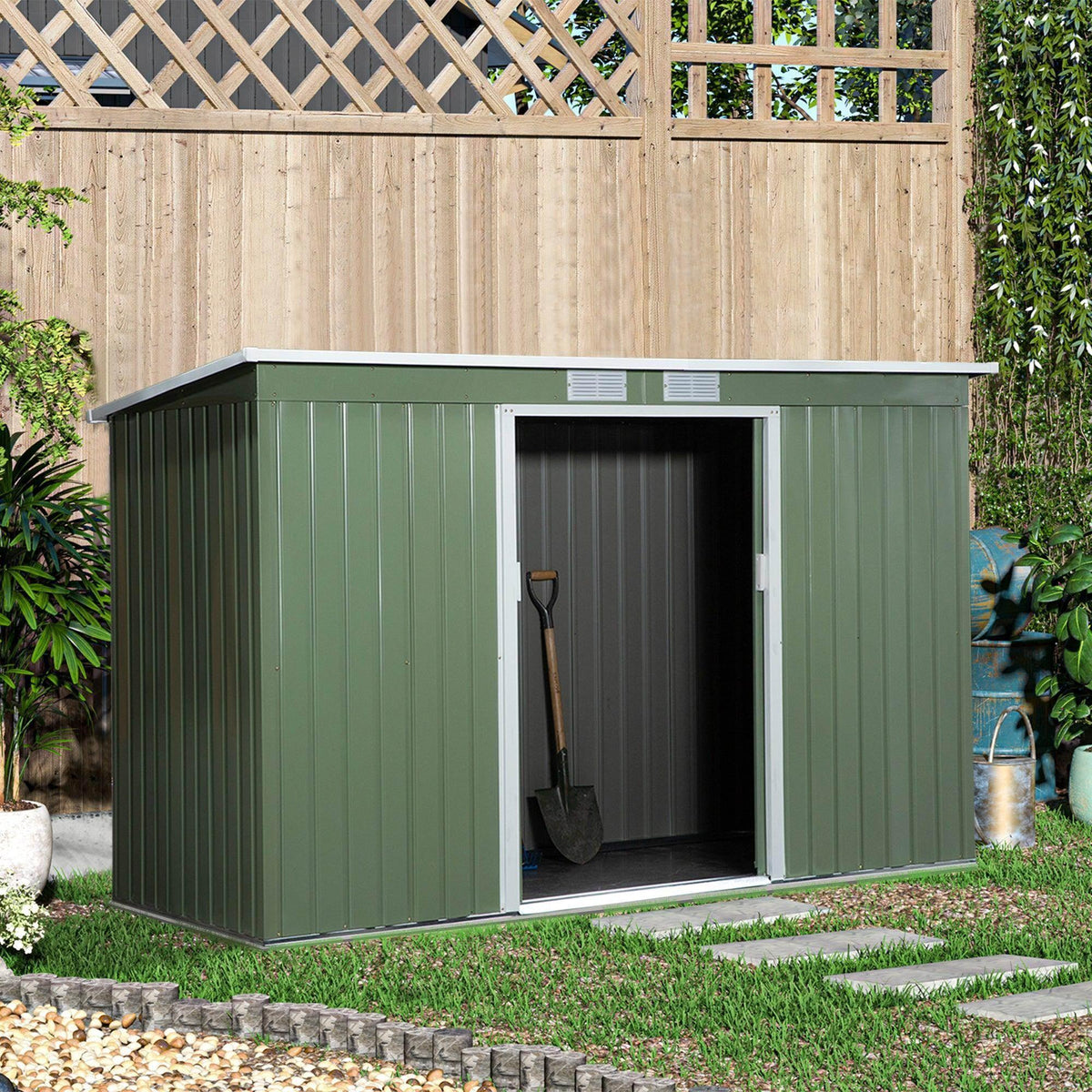 Light green metal garden shed with double sliding door and open entry
