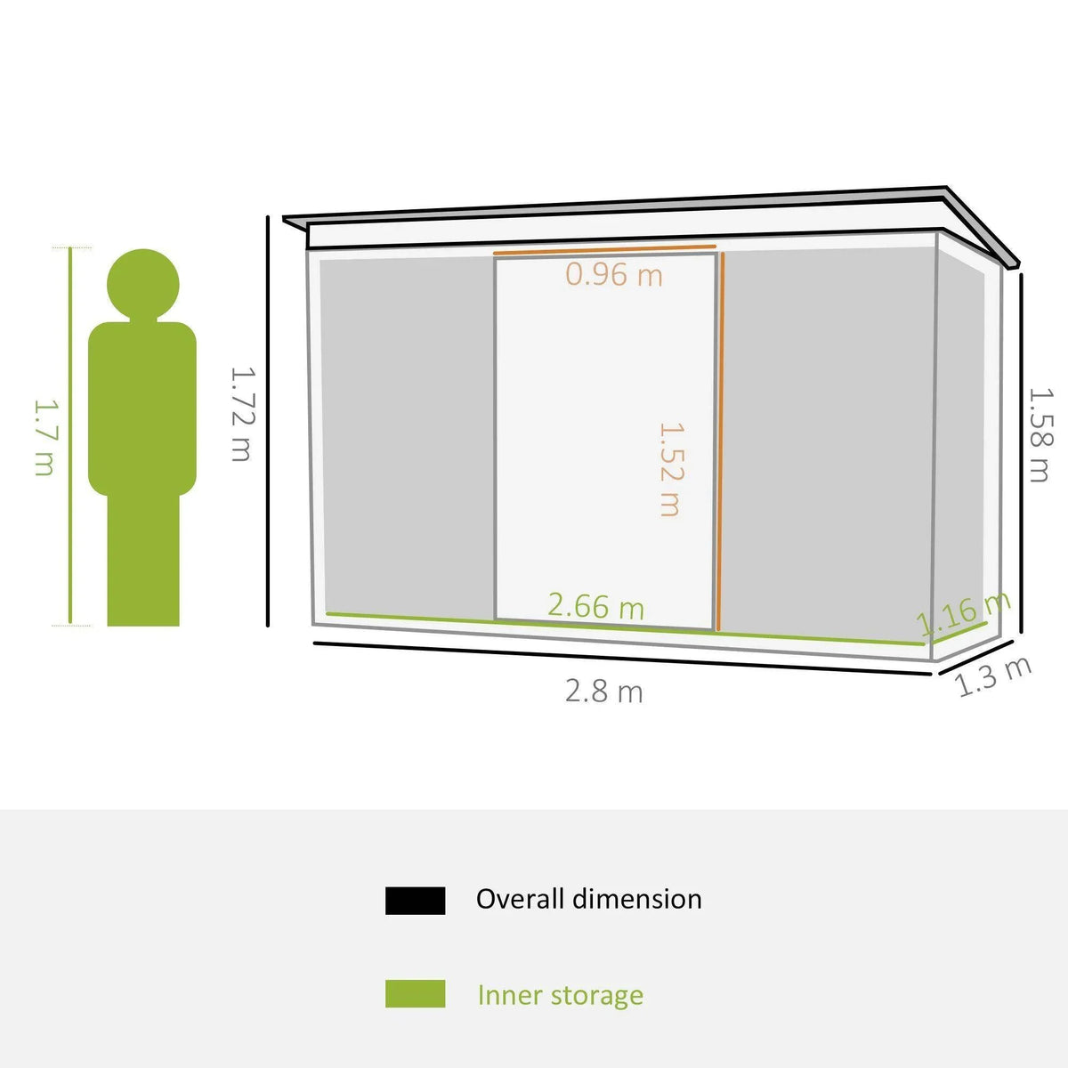 Light green metal garden shed diagram with overall and inner storage dimensions