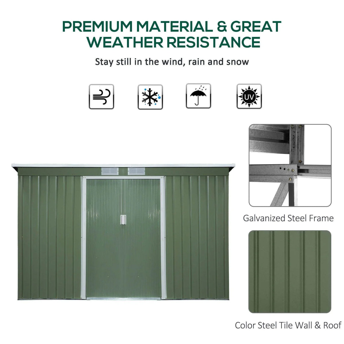 Light green metal garden shed with galvanized steel frame and louvered roof