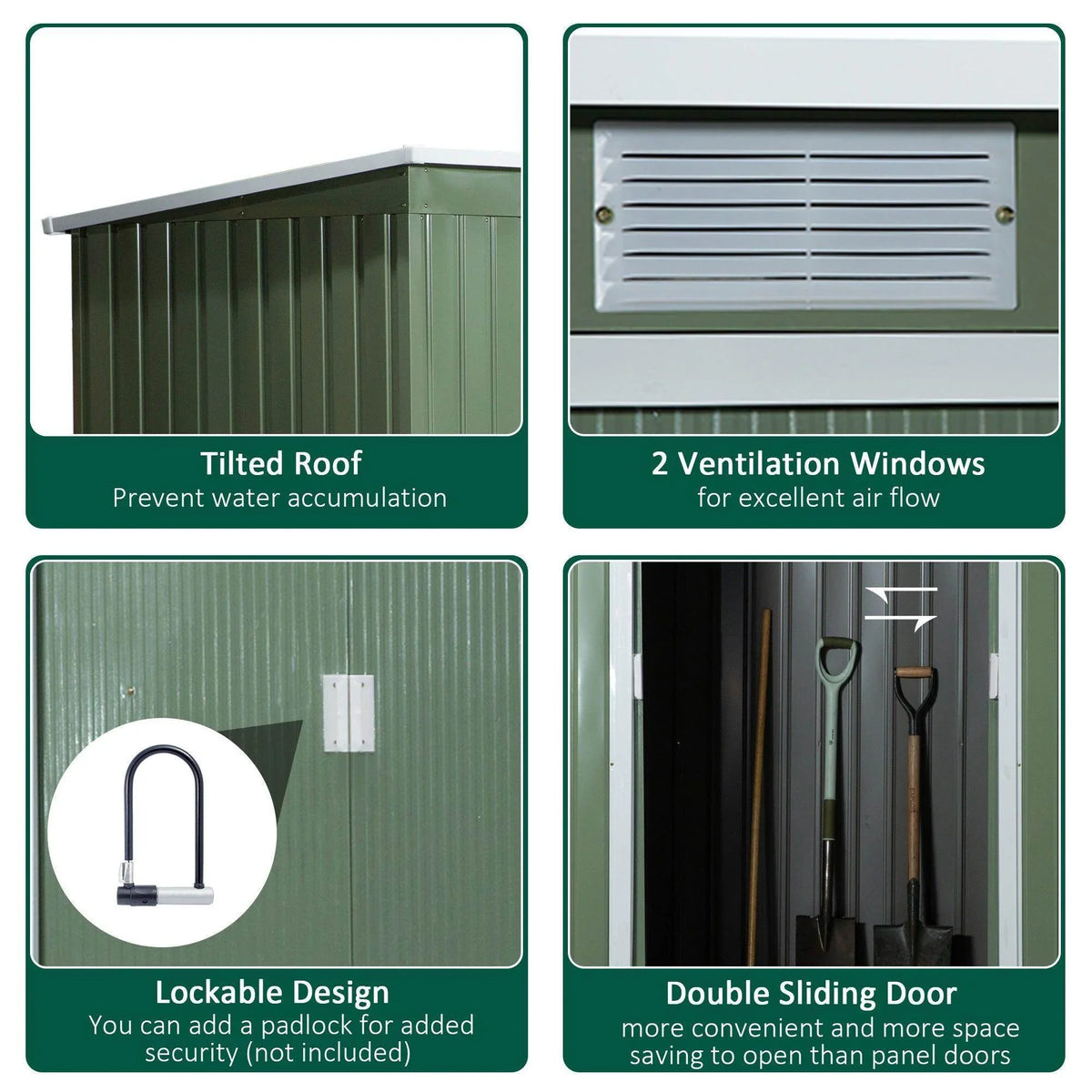 Light green metal garden shed features: vent windows, lockable door, tilted roof