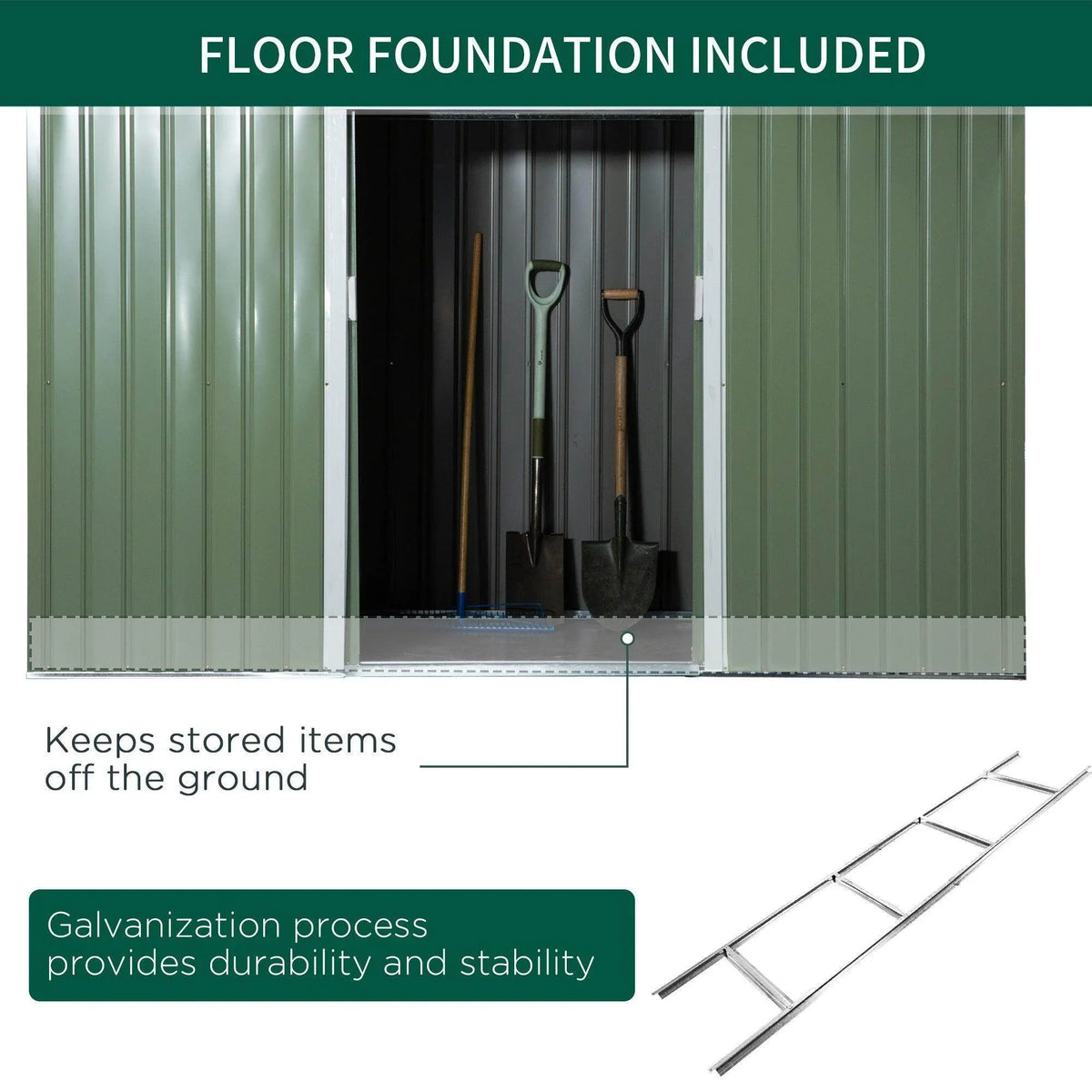 Light green metal garden shed with foundation base and open doorway interior tools