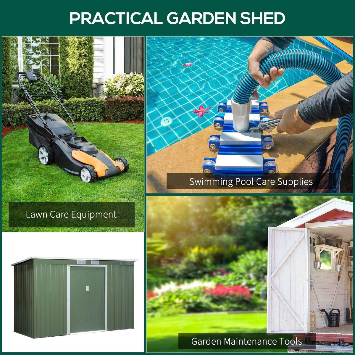 Light green metal garden shed shown with lawn care and garden tool storage