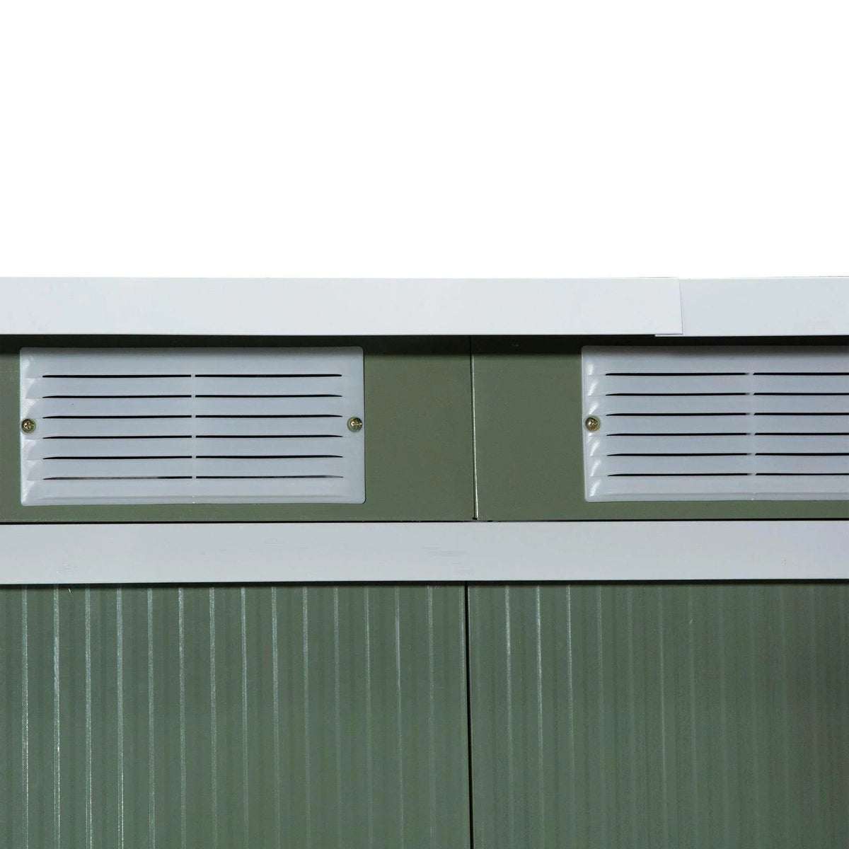 Light green metal garden shed facade with two ventilation louver panels
