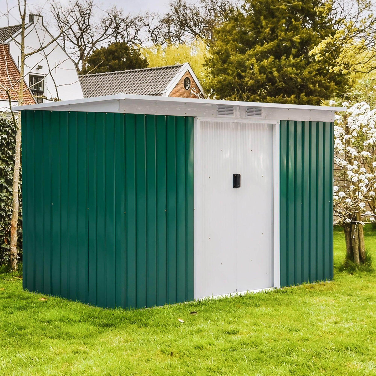 Green metal garden shed with white double sliding door panel