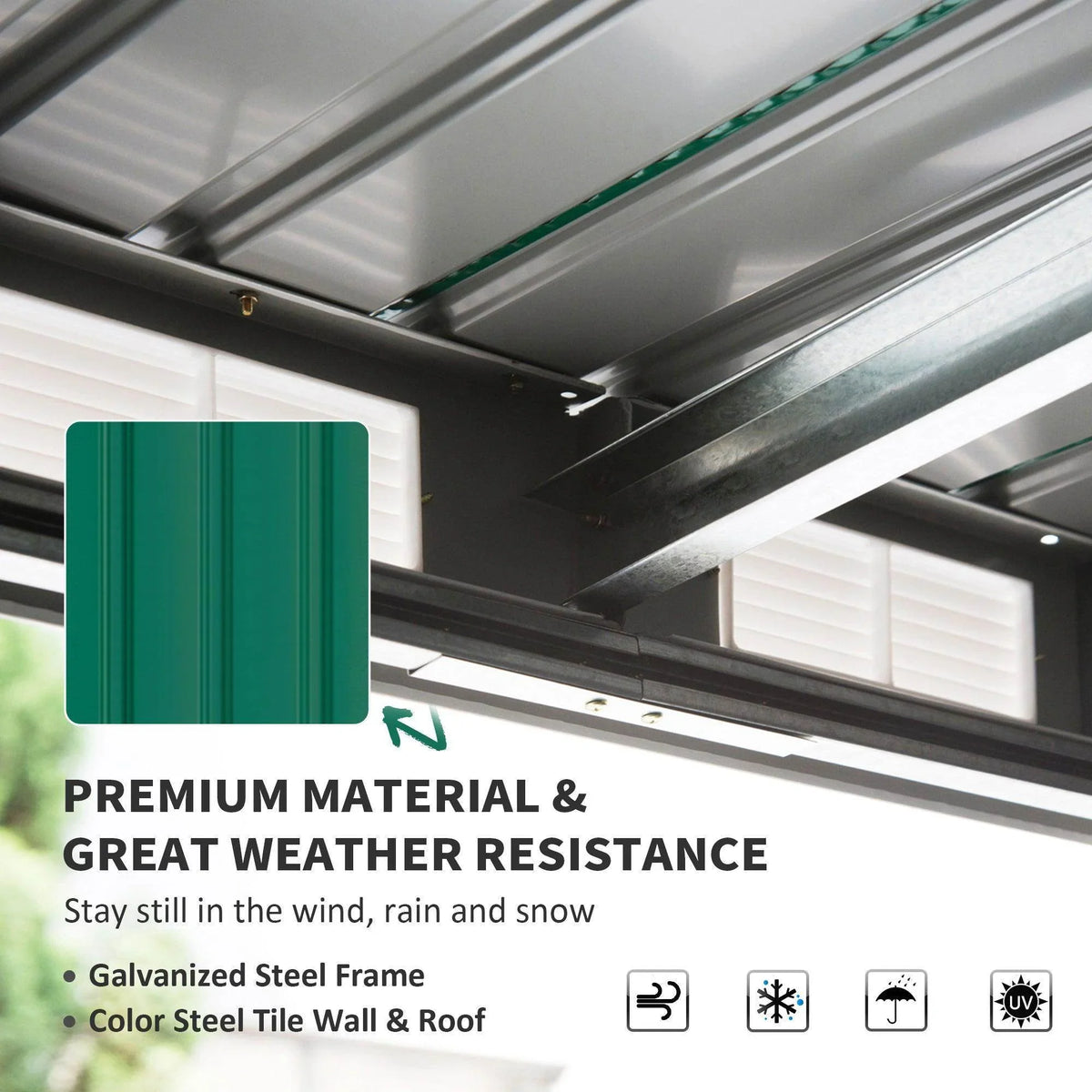 Metal shed interior with galvanized steel frame and green wall panel