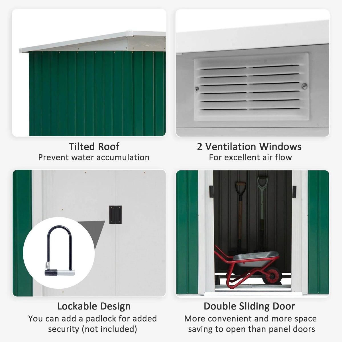 Garden shed feature graphic showing vent windows, lockable panel, and sliding door