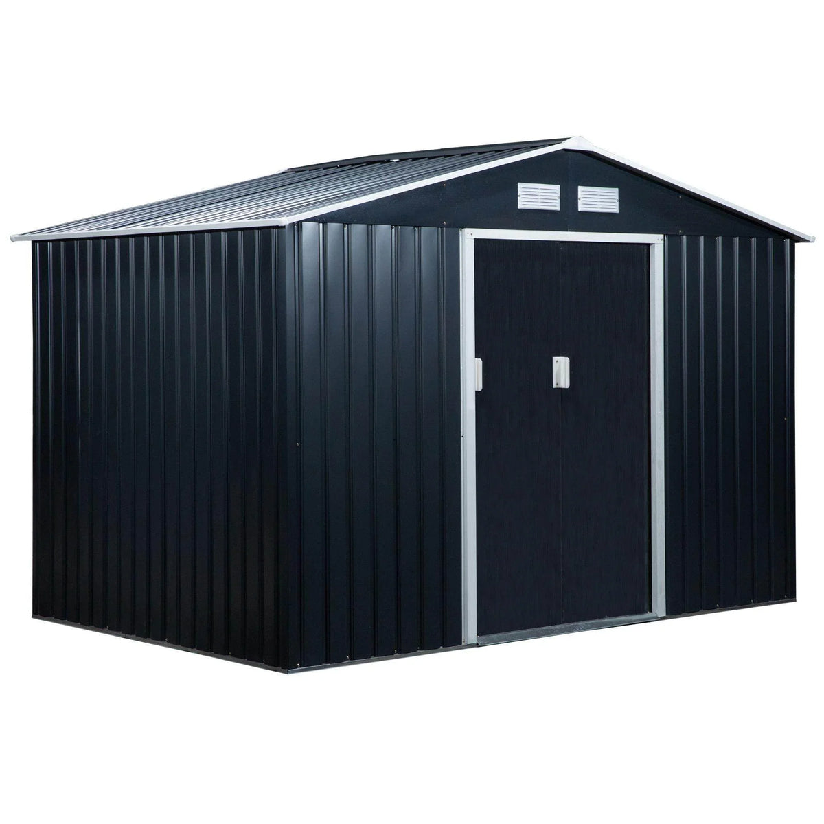 Black metal storage shed with double sliding door and pitched roof