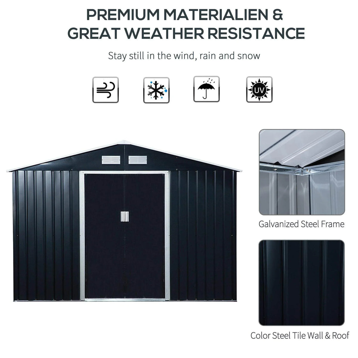 Black metal storage shed with double door front and four ventilation windows