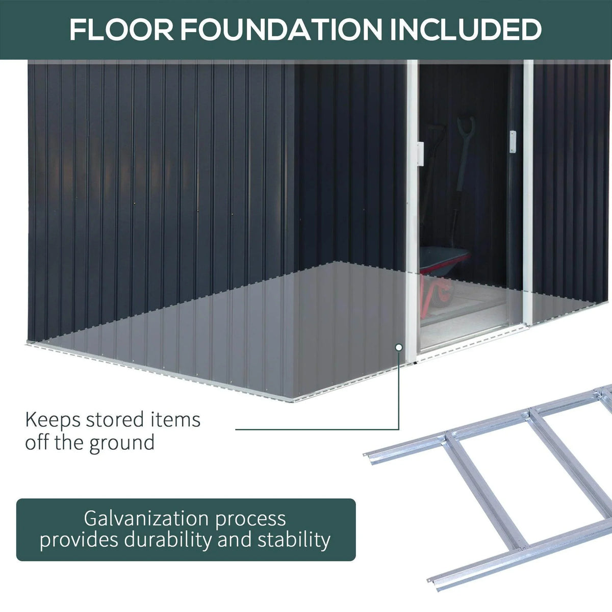 Raised floor foundation kit for black metal storage shed to keep items off ground