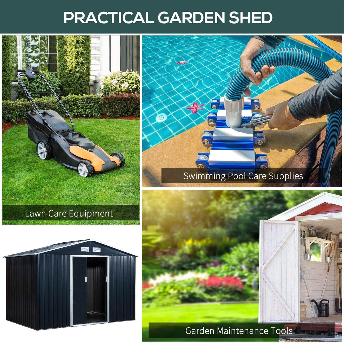 Black metal garden storage shed with double door and pitched roof
