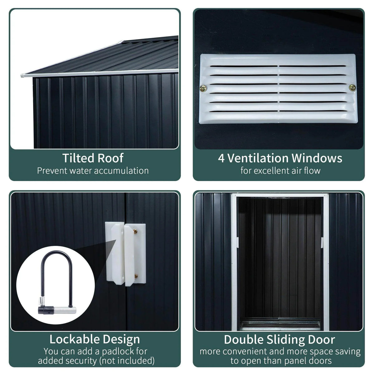 Black metal storage shed with four ventilation louvers, lockable design, and sliding door