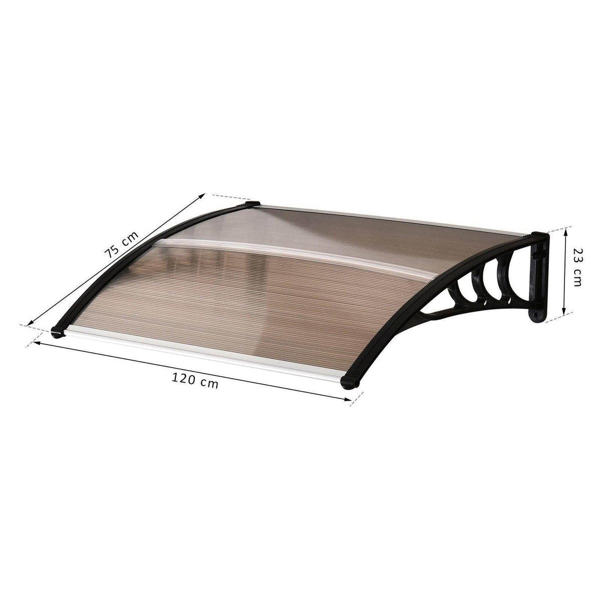 Modern door canopy with brown translucent cover and black side support brackets
