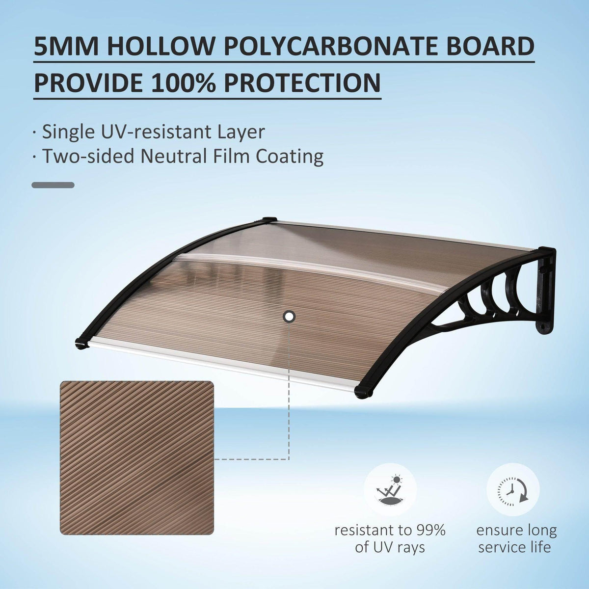 Door canopy with brown translucent board and black arched end supports