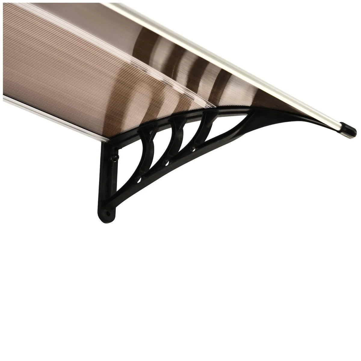 Door canopy underside with brown translucent board and black arched metal support