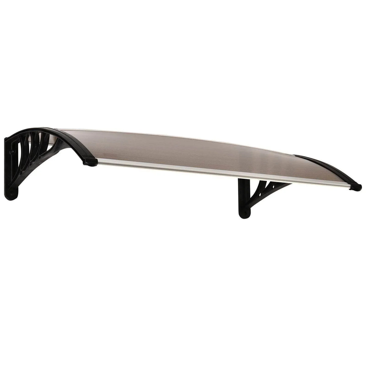 Door canopy with brown tinted panel and black end brackets for wall mounting