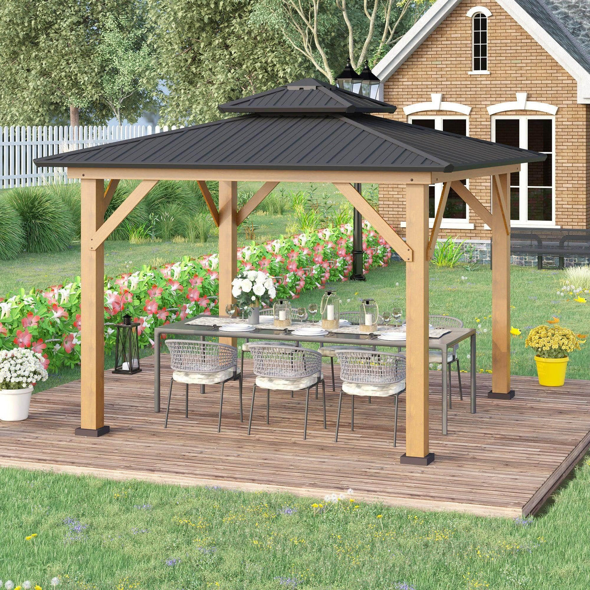 Outdoor gazebo canopy with dark grey roof and light wood posts, standing over deck
