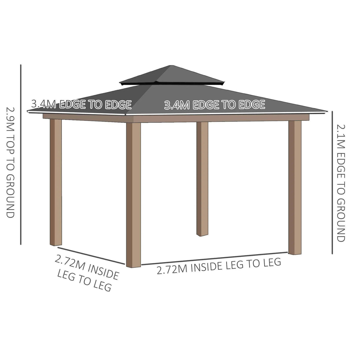 Grey gazebo canopy diagram with leg and clearance dimensions, 3.4 m edge to edge
