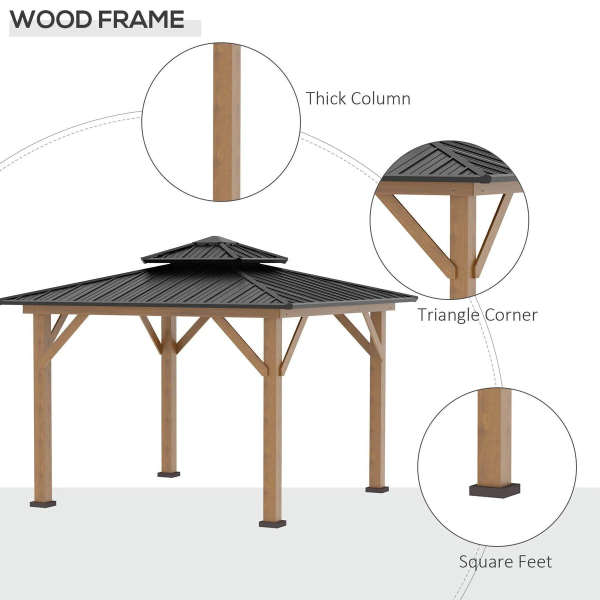 Gazebo canopy with thick wood frame, triangle corner braces and square feet