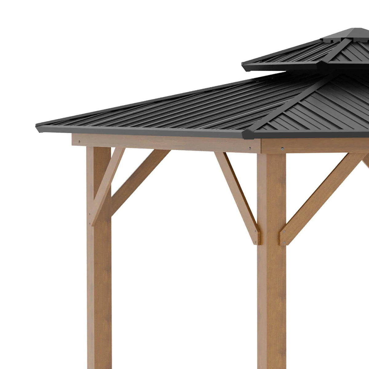 Gazebo canopy with dark grey roof panels and light wood support legs