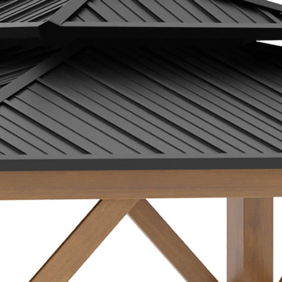 Close-up of dark grey sloped gazebo roof panels with ridged metal design