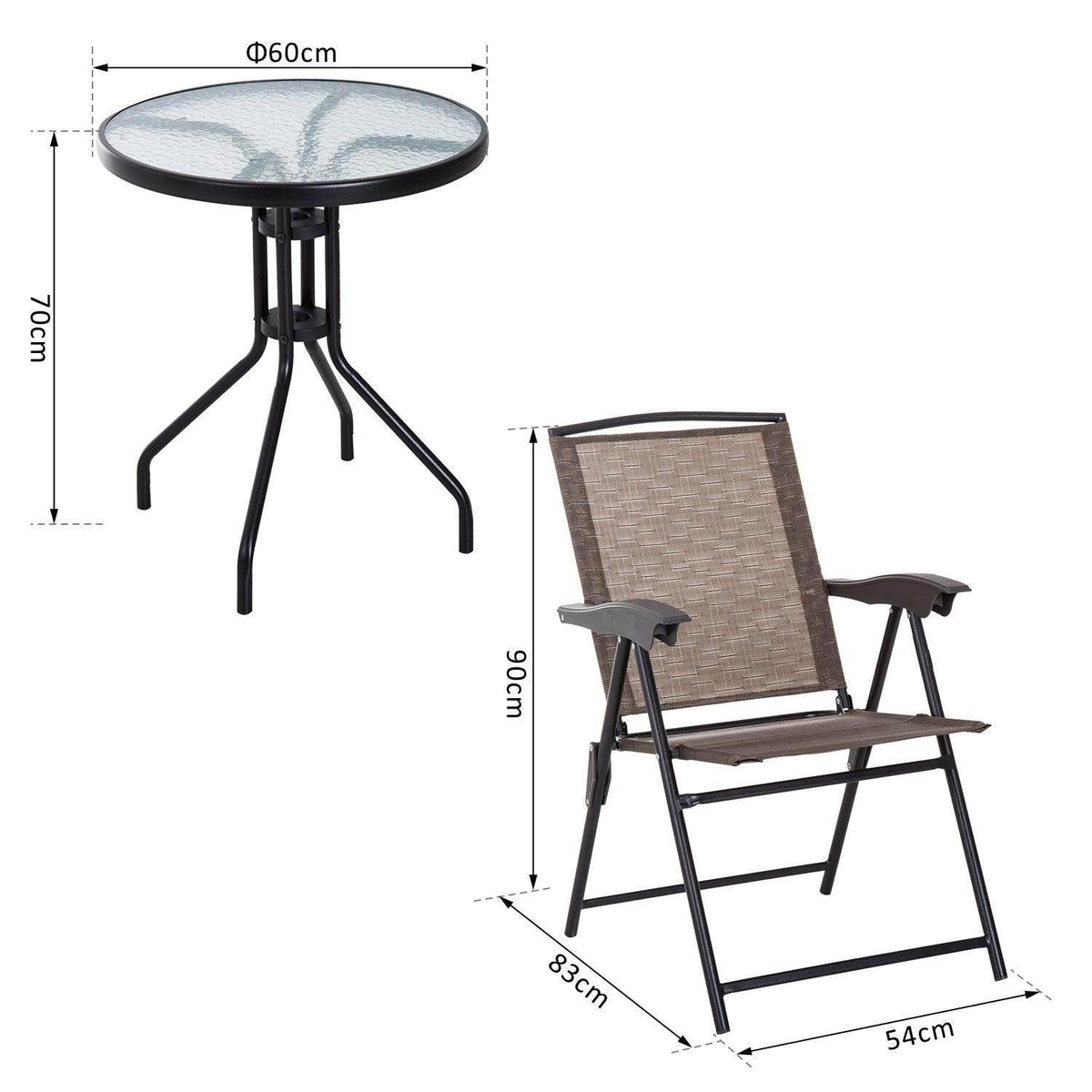 Brown folding patio chair with adjustable backrest and armrests (dimension view)