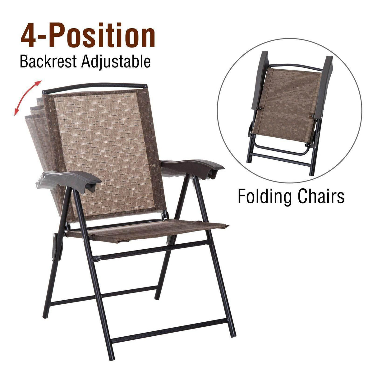 Folding patio chair with adjustable backrest and armrests, 4-position shown