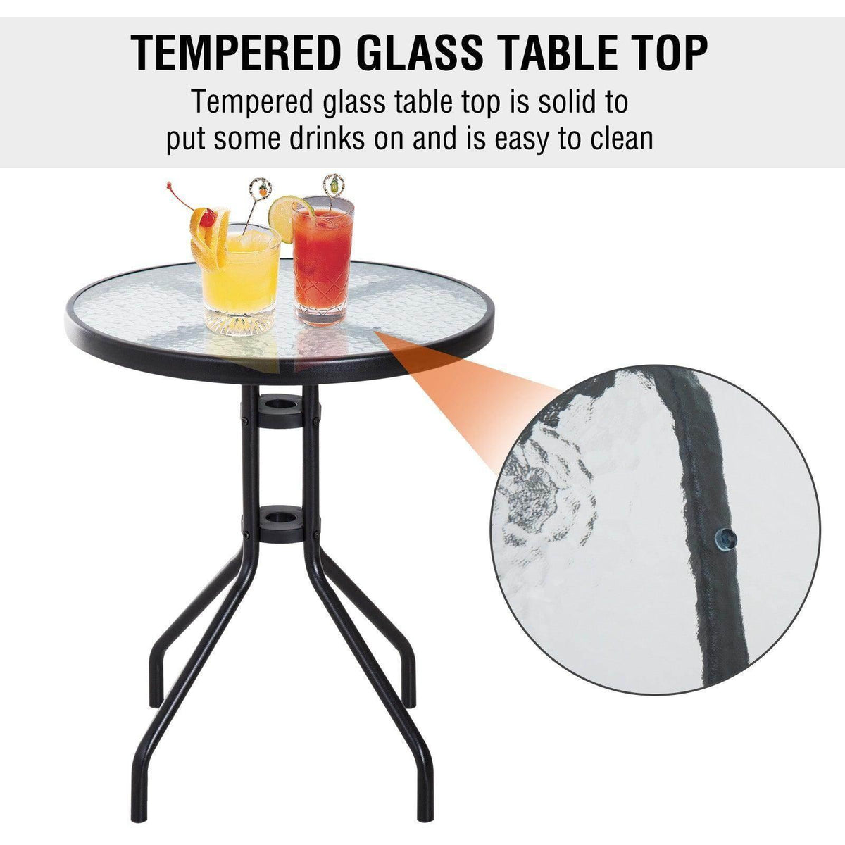 Round black bistro table with tempered glass top and pedestal base