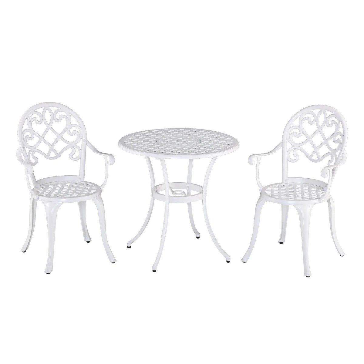 White metal outdoor bistro set with round mesh table and 2 decorative chairs