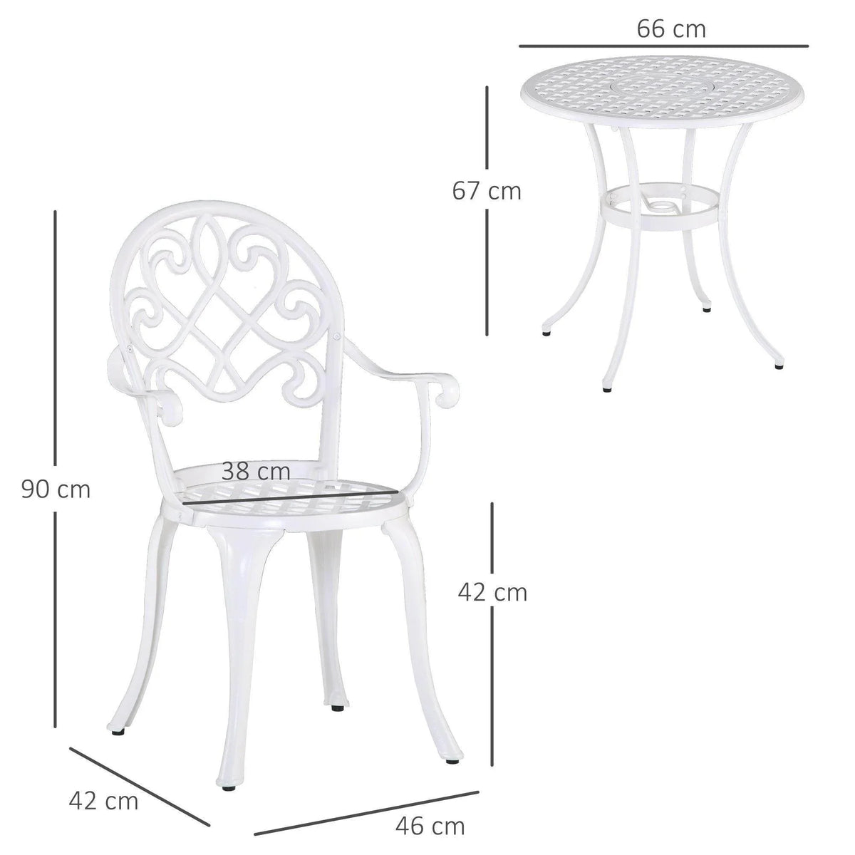 Outdoor bistro set with round table and 2 chairs, with size measurements