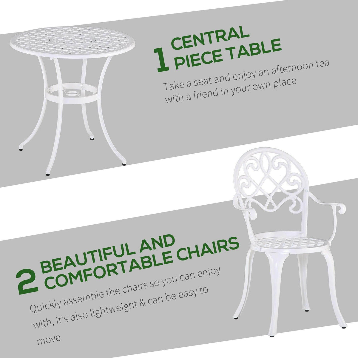 White round table and 2 decorative chairs bistro set