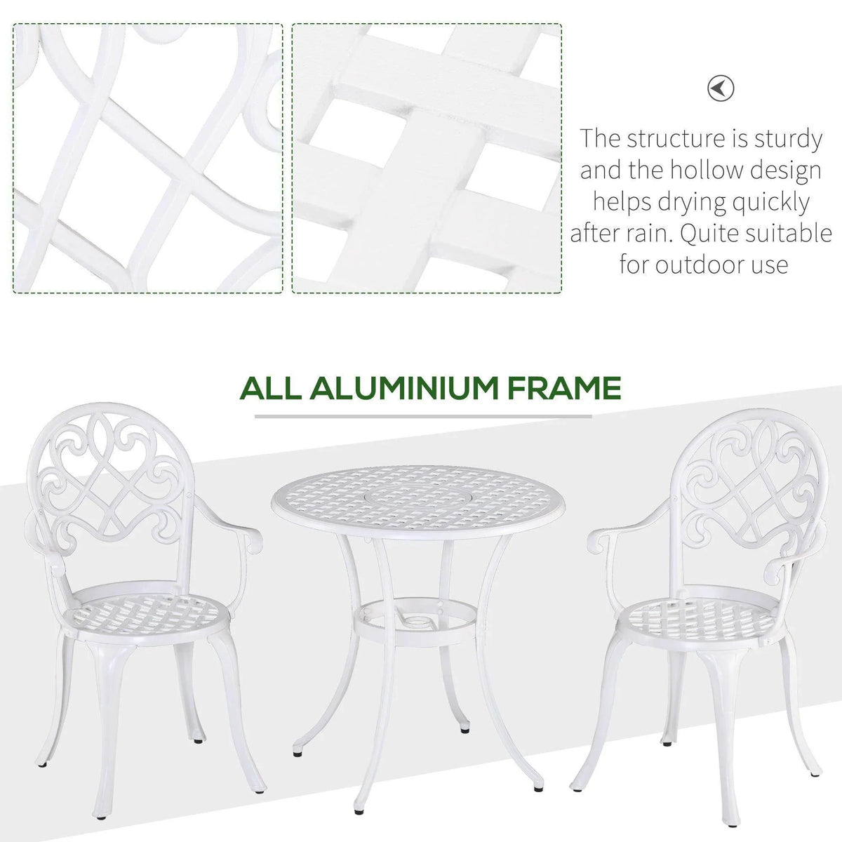 White aluminum bistro set with round mesh table and 2 scroll-back chairs