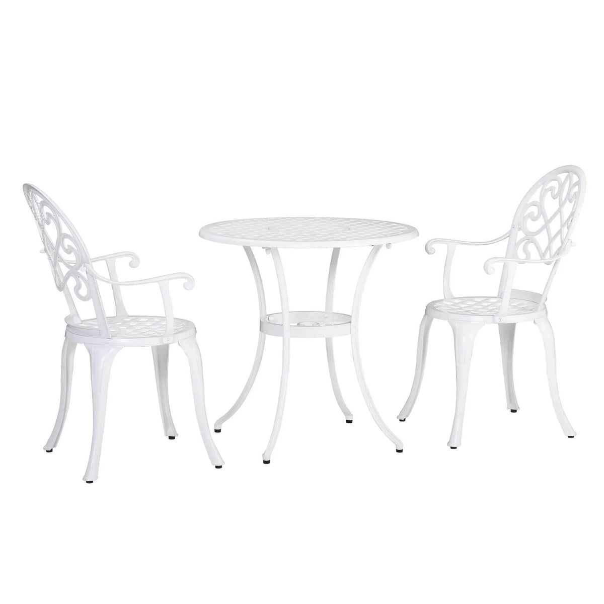 White outdoor bistro set with round table and 2 decorative arm chairs