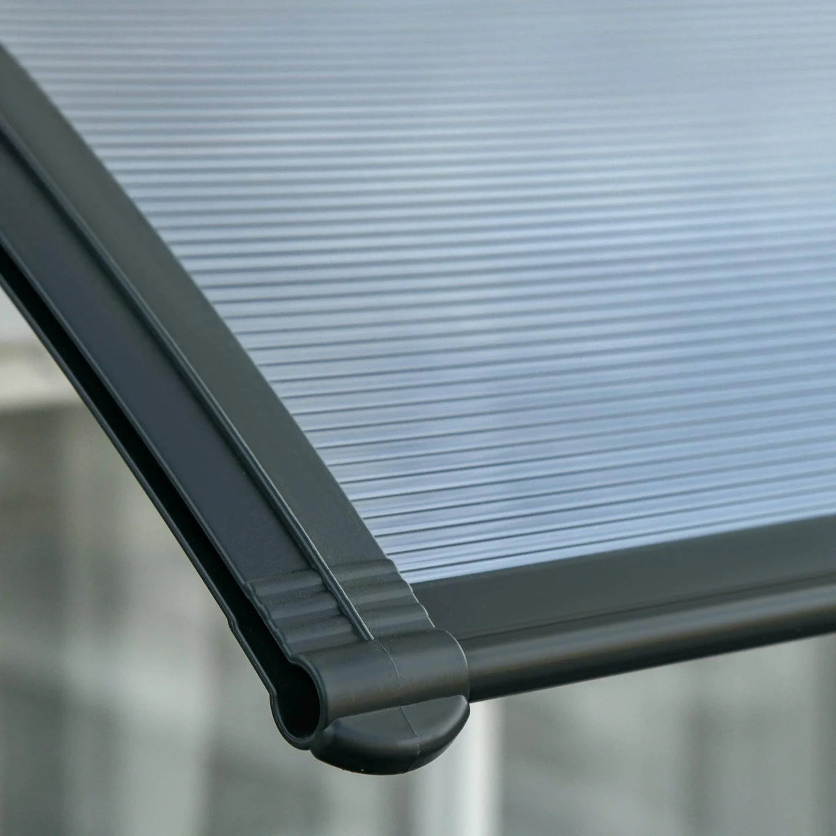 Outsunny outdoor door canopy corner with rounded gutter and dark gray/black trim