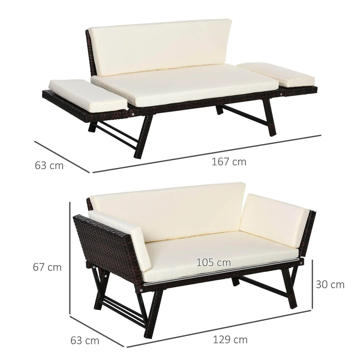 Outdoor folding rattan daybed sofa bench with white cushions and dark woven rattan frame