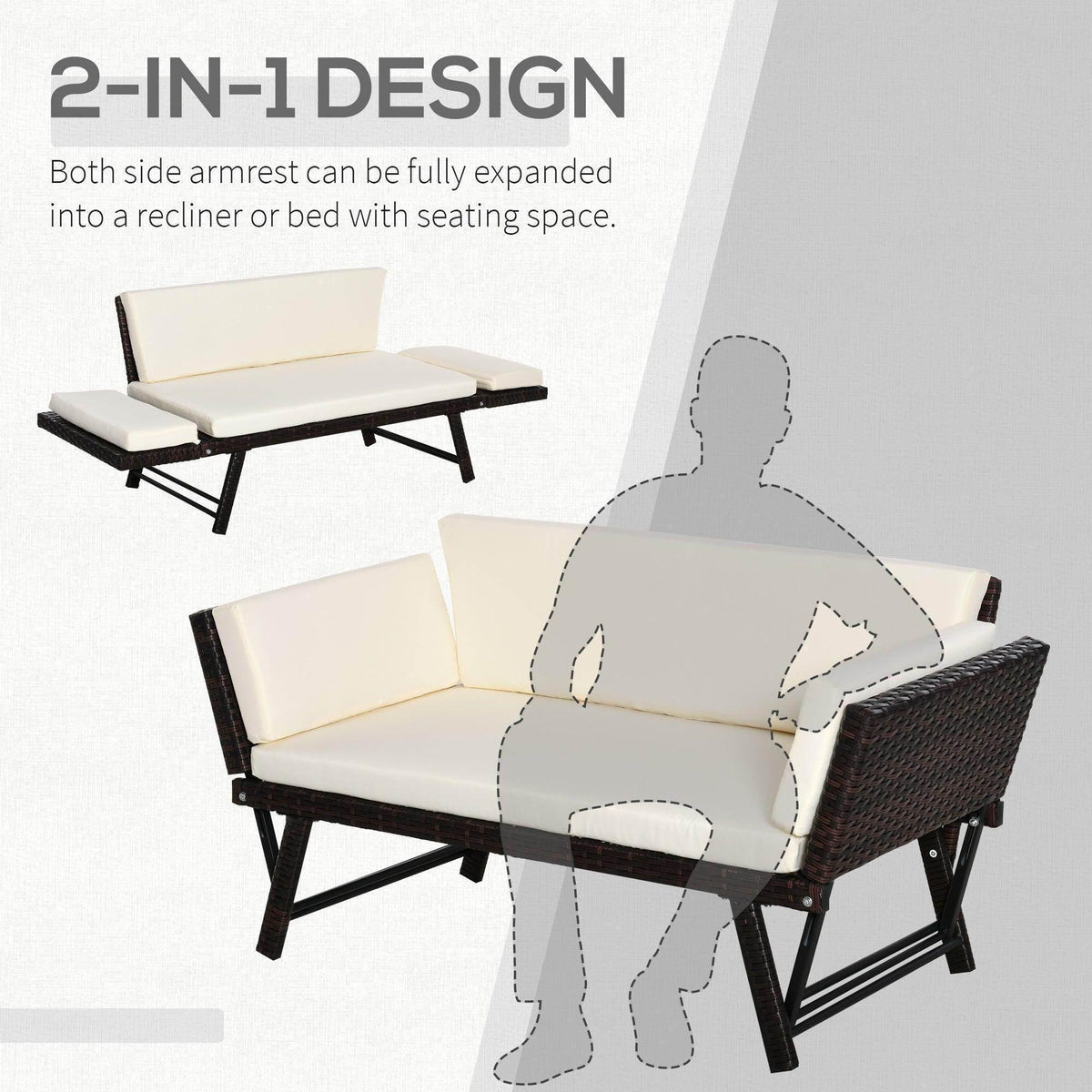 Outdoor folding rattan daybed sofa bench with white cushions and two-section backrest