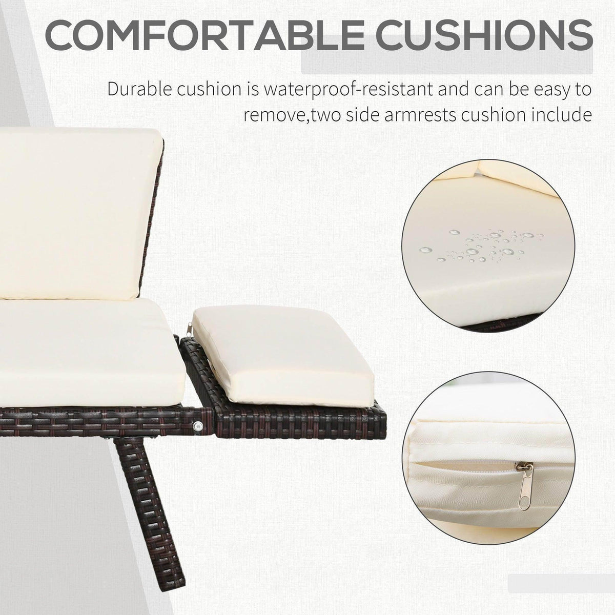 Outdoor folding rattan daybed sofa bench with white removable cushion and side armrest pad